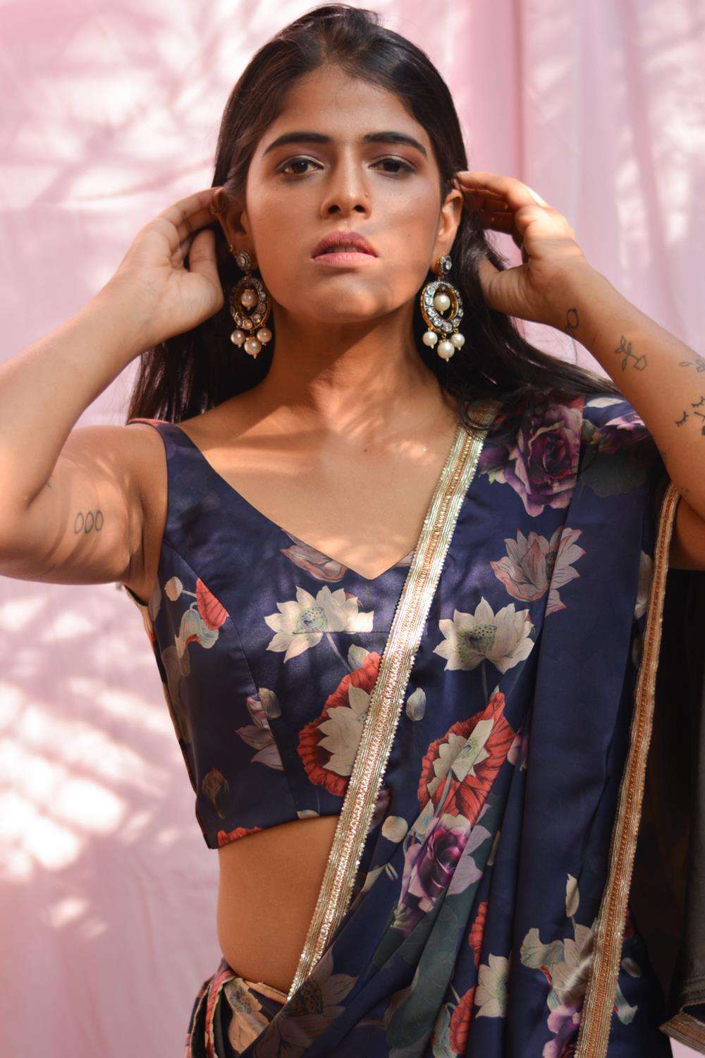 Navy blue floral printed satin sleeveless blouse - House of Blouse