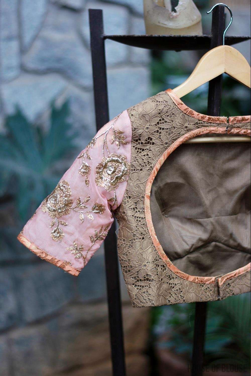 Patchwork blouse in gold lace, peach brocade, and embroidered organza. - House of Blouse