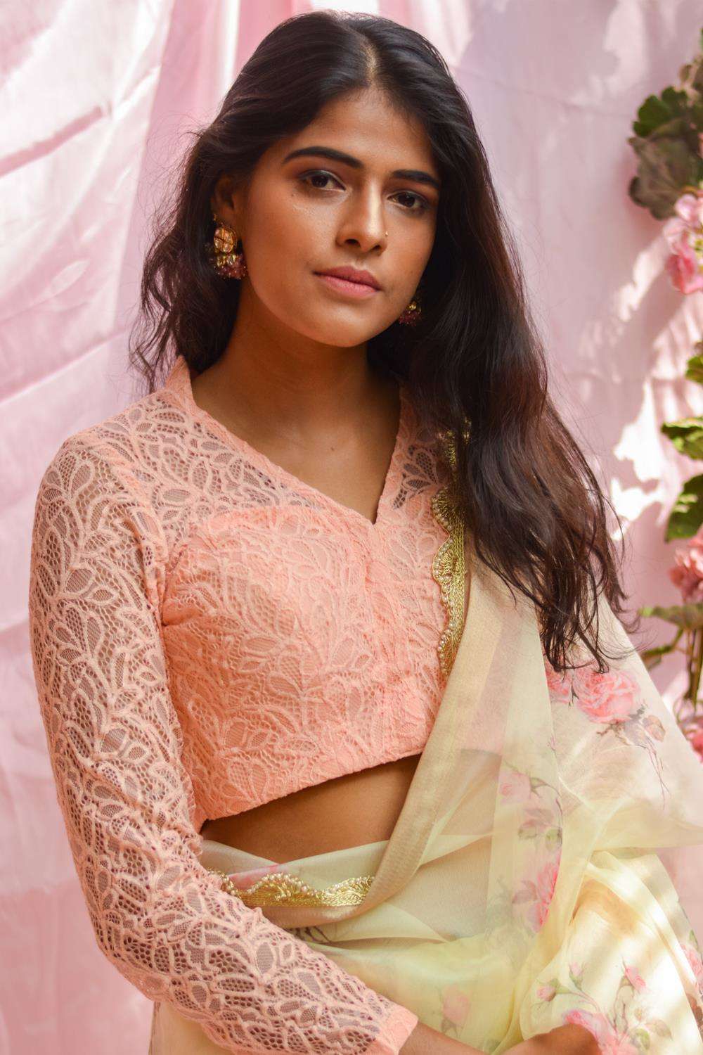 Peach pink lace sheer yoke blouse - House of Blouse