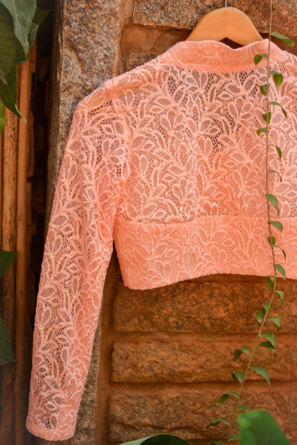 Peach pink lace sheer yoke blouse - House of Blouse