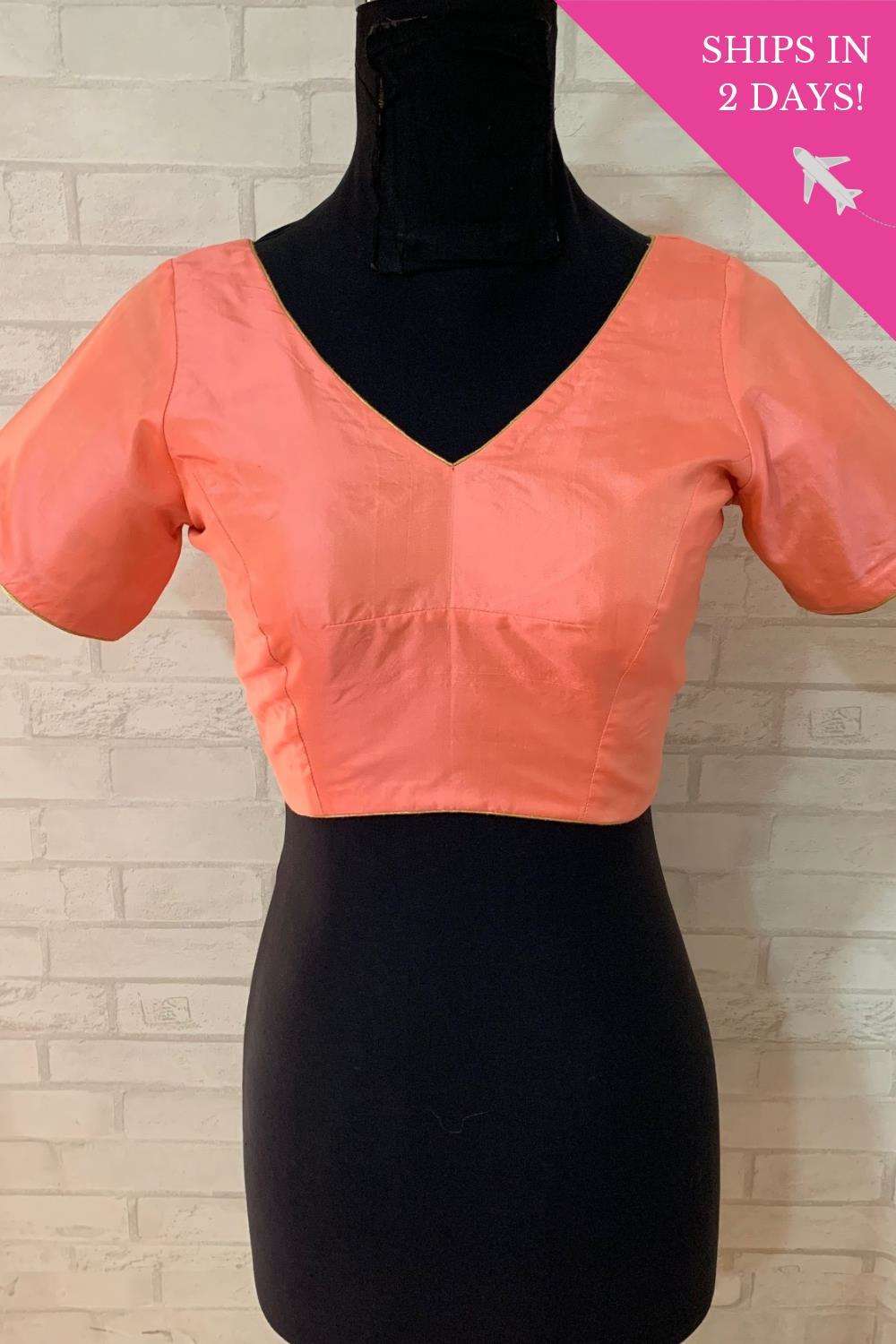 Peach plain silk V neck blouse with potli buttons; Size: 36 - House of Blouse