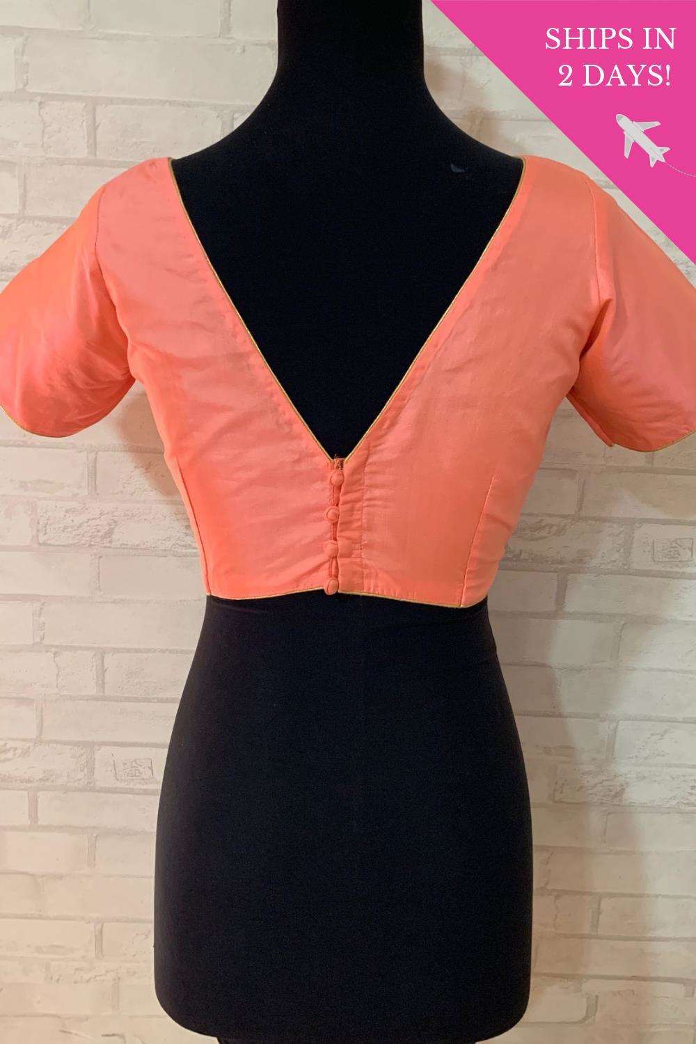 Peach plain silk V neck blouse with potli buttons; Size: 36 - House of Blouse