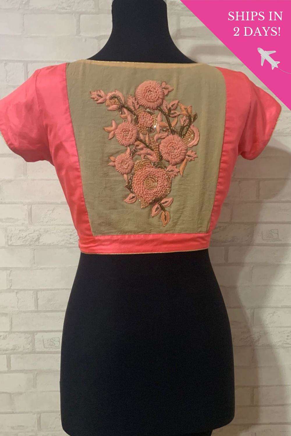 Peach silk blouse with an embroidered sheer back; Size: 40 - House of Blouse