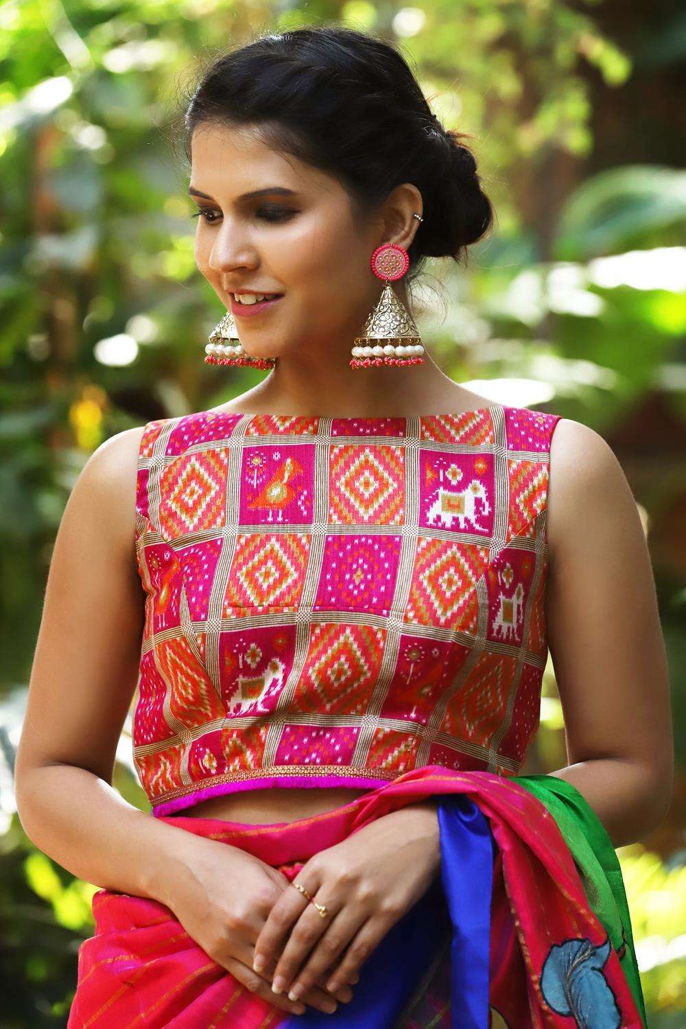 Pink and orange checked Ikat printed semi silk boatneck blouse with back detailing - House of Blouse
