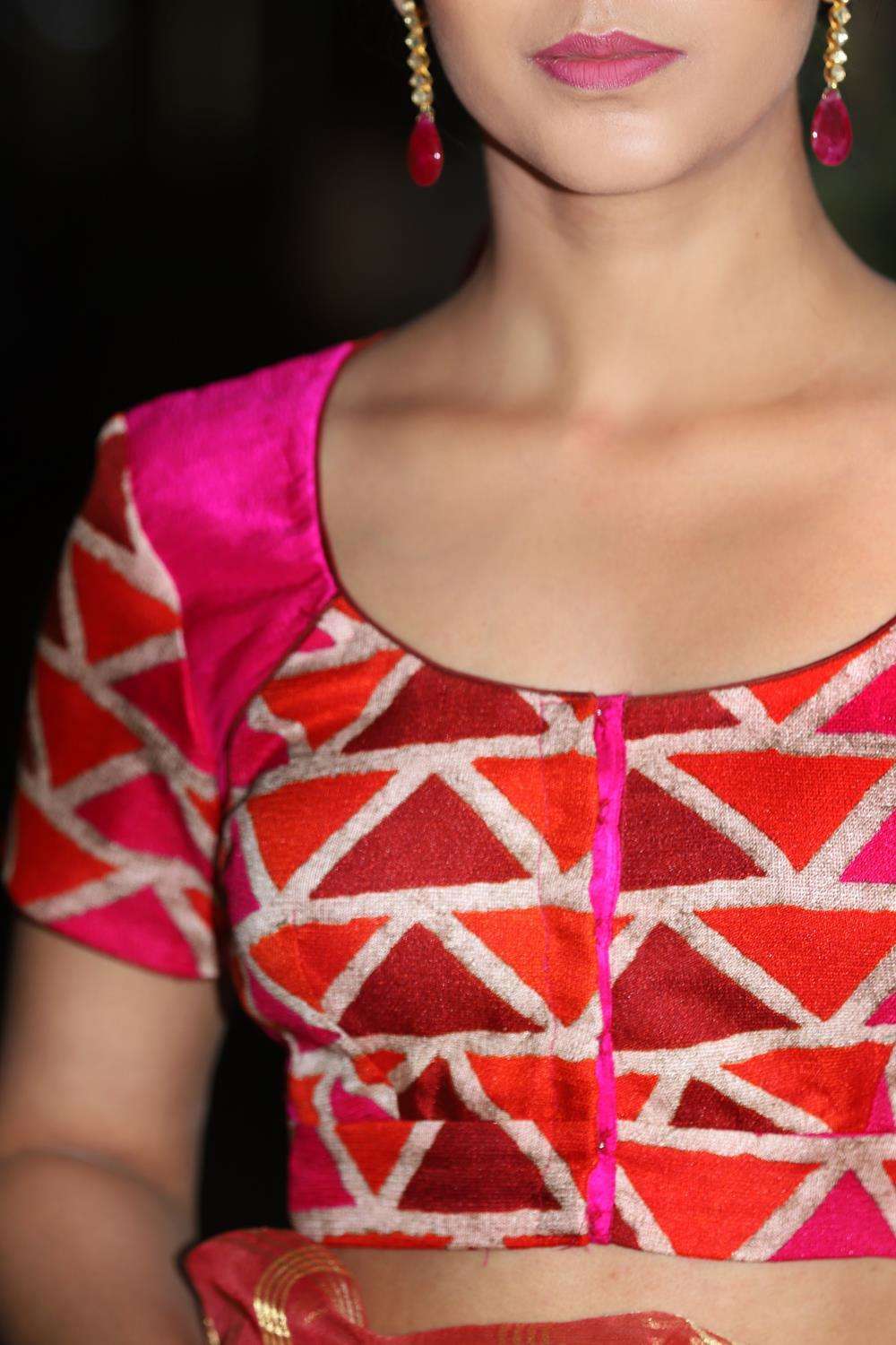 Pink and orange geometric printed jute two fabric blouse - House of Blouse