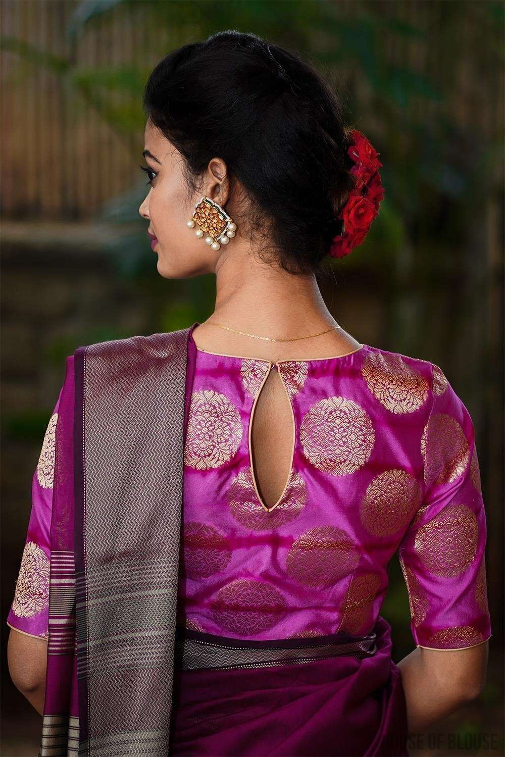 Pink and purple shibori shaded brocade belted blouse - House of Blouse