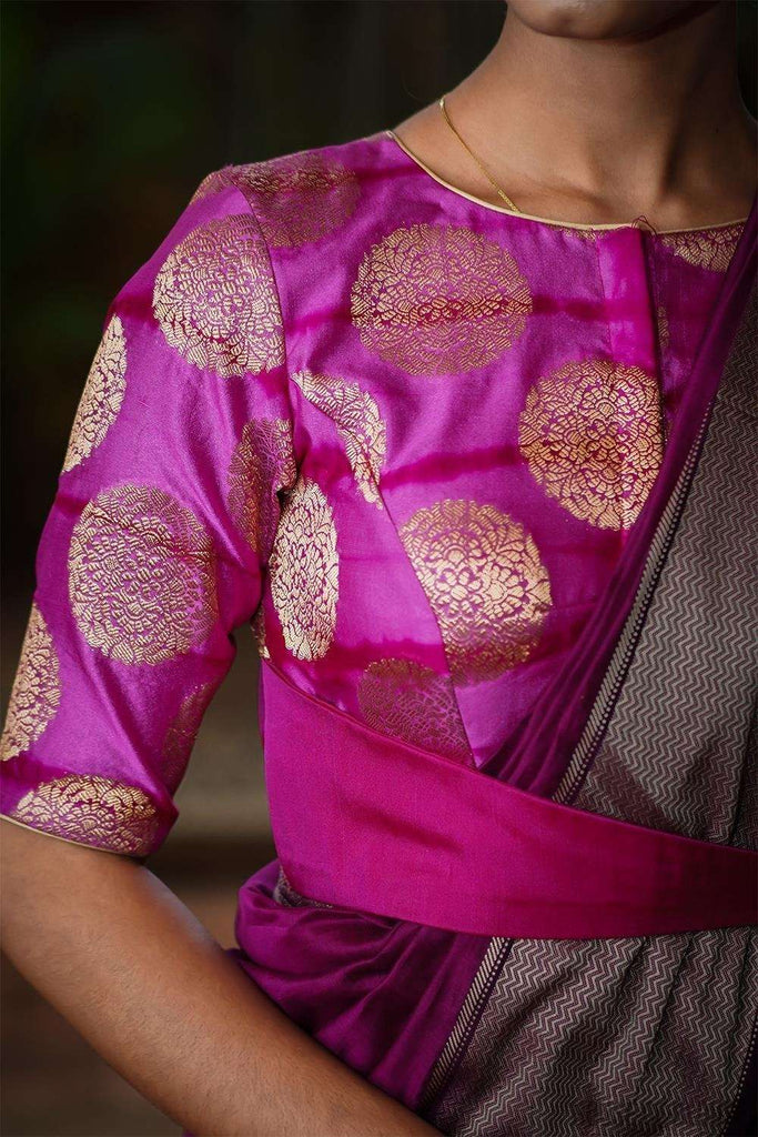 Pink and purple shibori shaded brocade belted blouse – House of Blouse