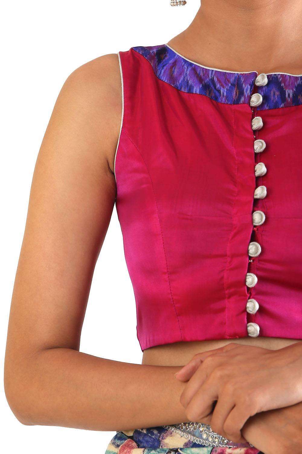 Pink silk and purple Ikat sleeveless boatneck blouse - House of Blouse