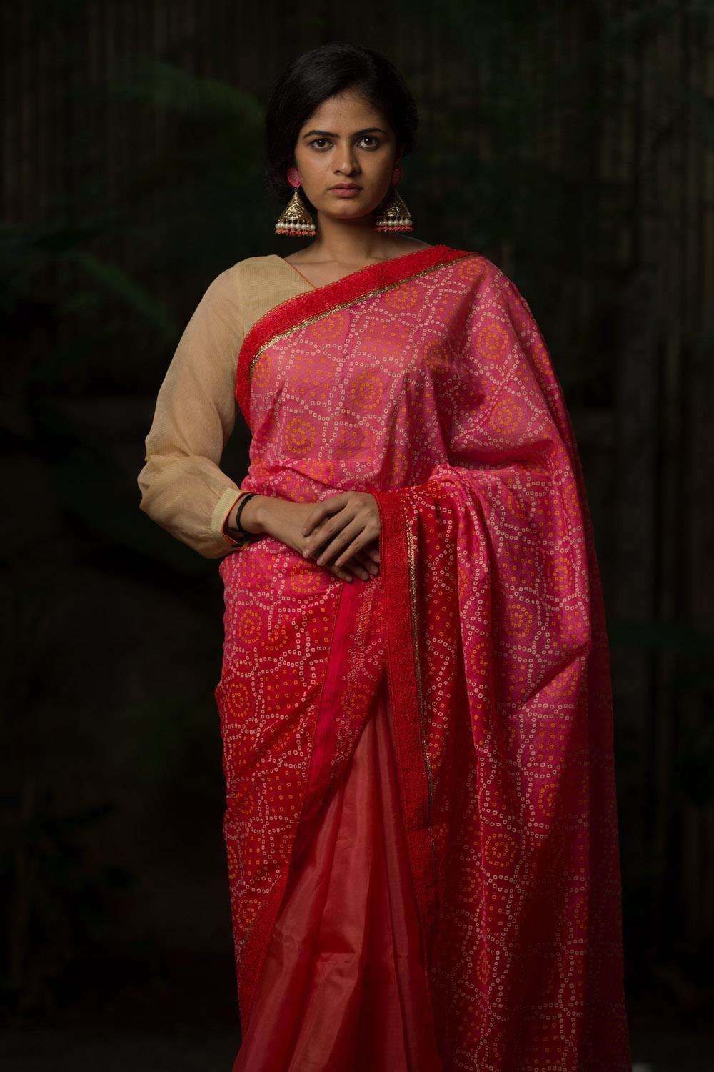 Pink to red shaded bandhani printed half and half saree with red lace border - House of Blouse