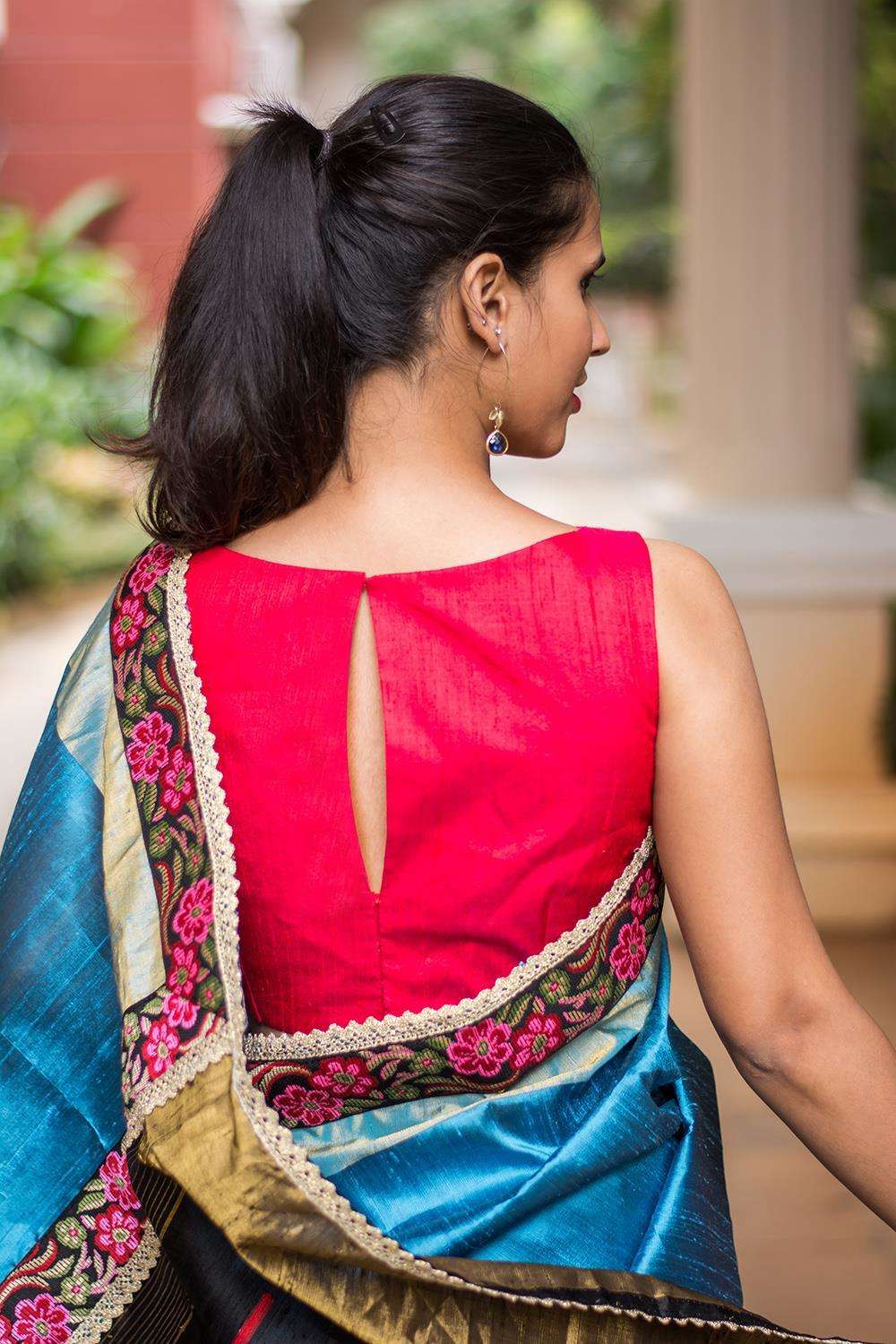 Pinkish red raw silk boatneck sleeveless blouse - House of Blouse