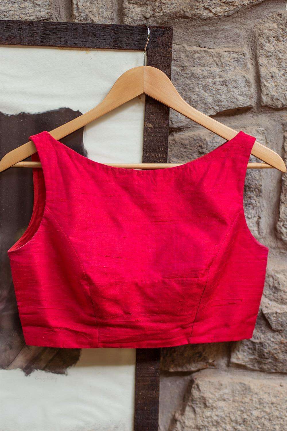 Pinkish red raw silk boatneck sleeveless blouse - House of Blouse