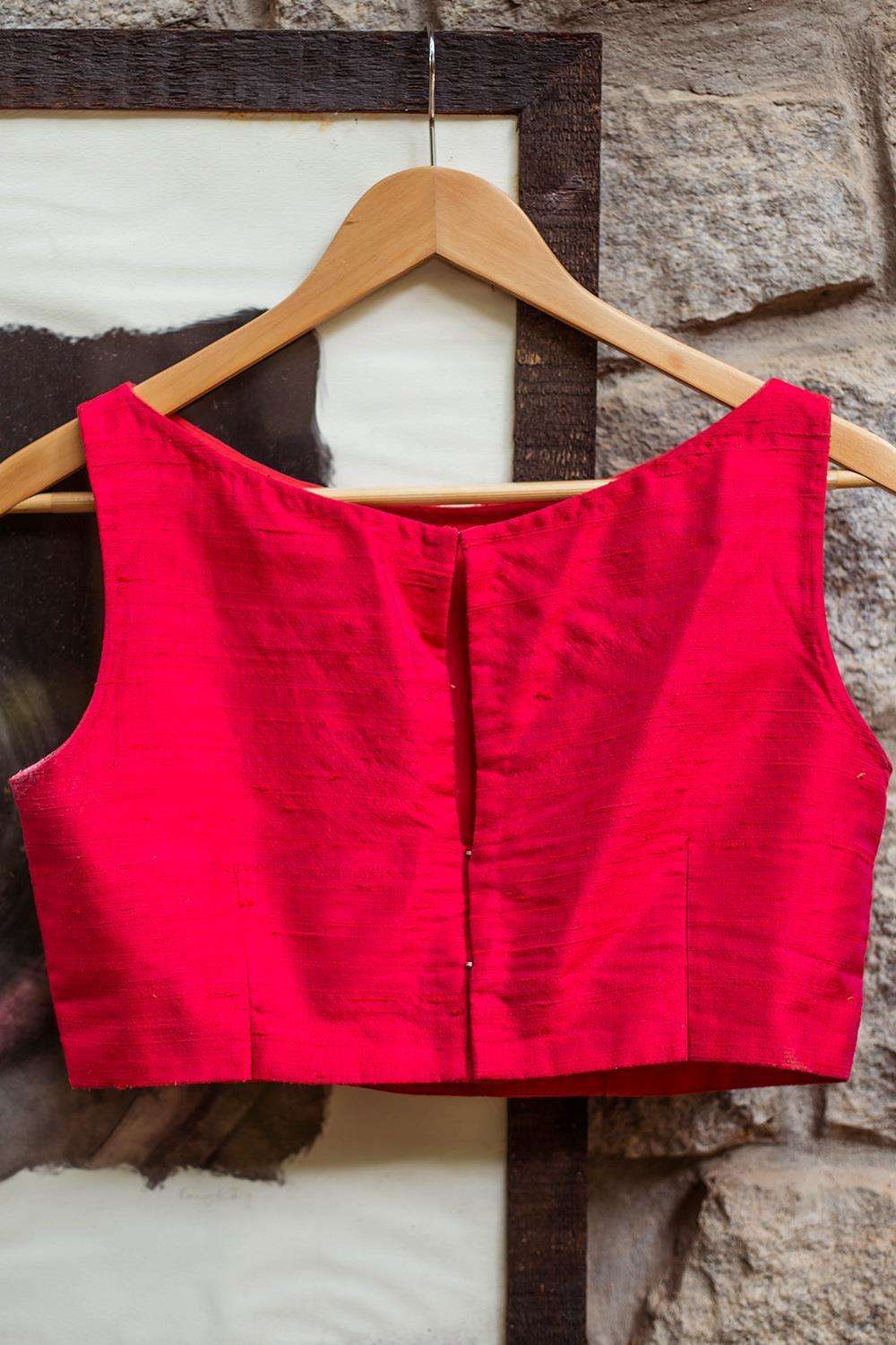 Pinkish red raw silk boatneck sleeveless blouse - House of Blouse