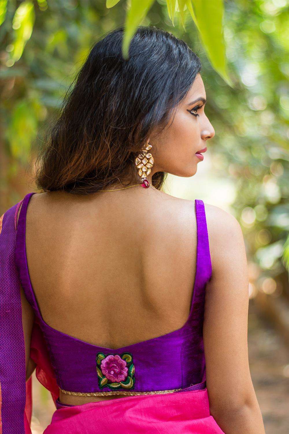 Purple raw silk sleeveless blouse with applique on back - House of Blouse