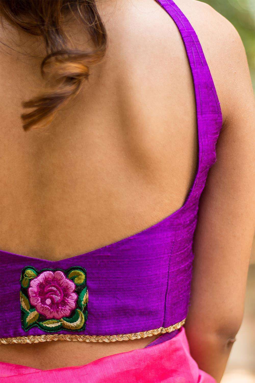 Purple raw silk sleeveless blouse with applique on back - House of Blouse