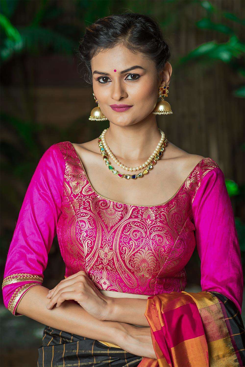 Rani pink brocade blouse with pink raw silk sleeves - House of Blouse