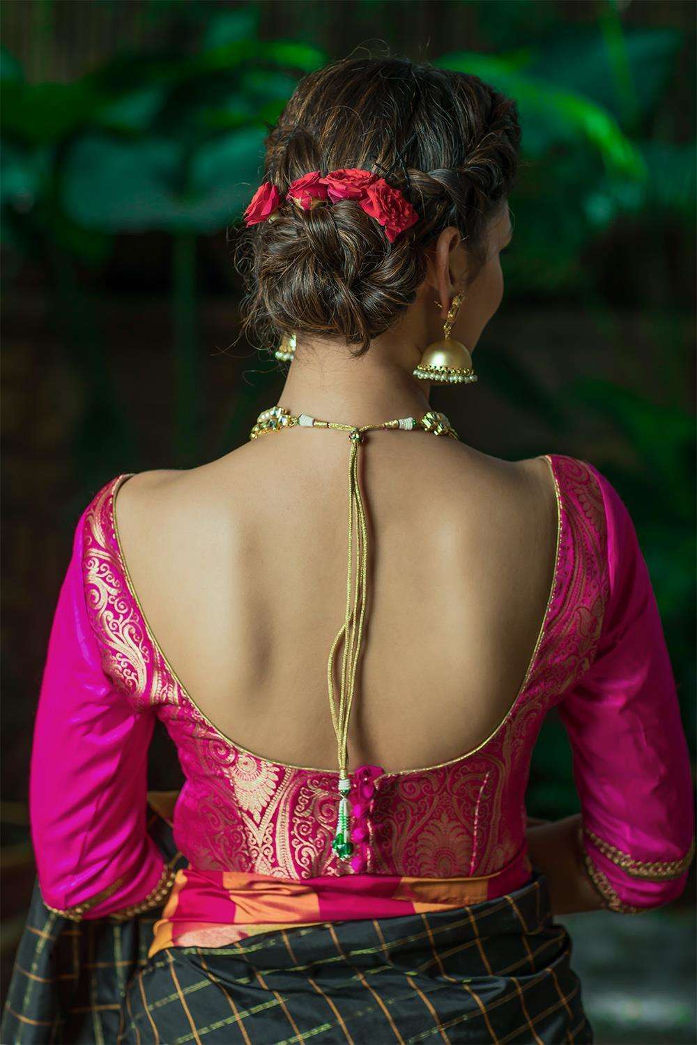 Rani pink brocade blouse with pink raw silk sleeves - House of Blouse