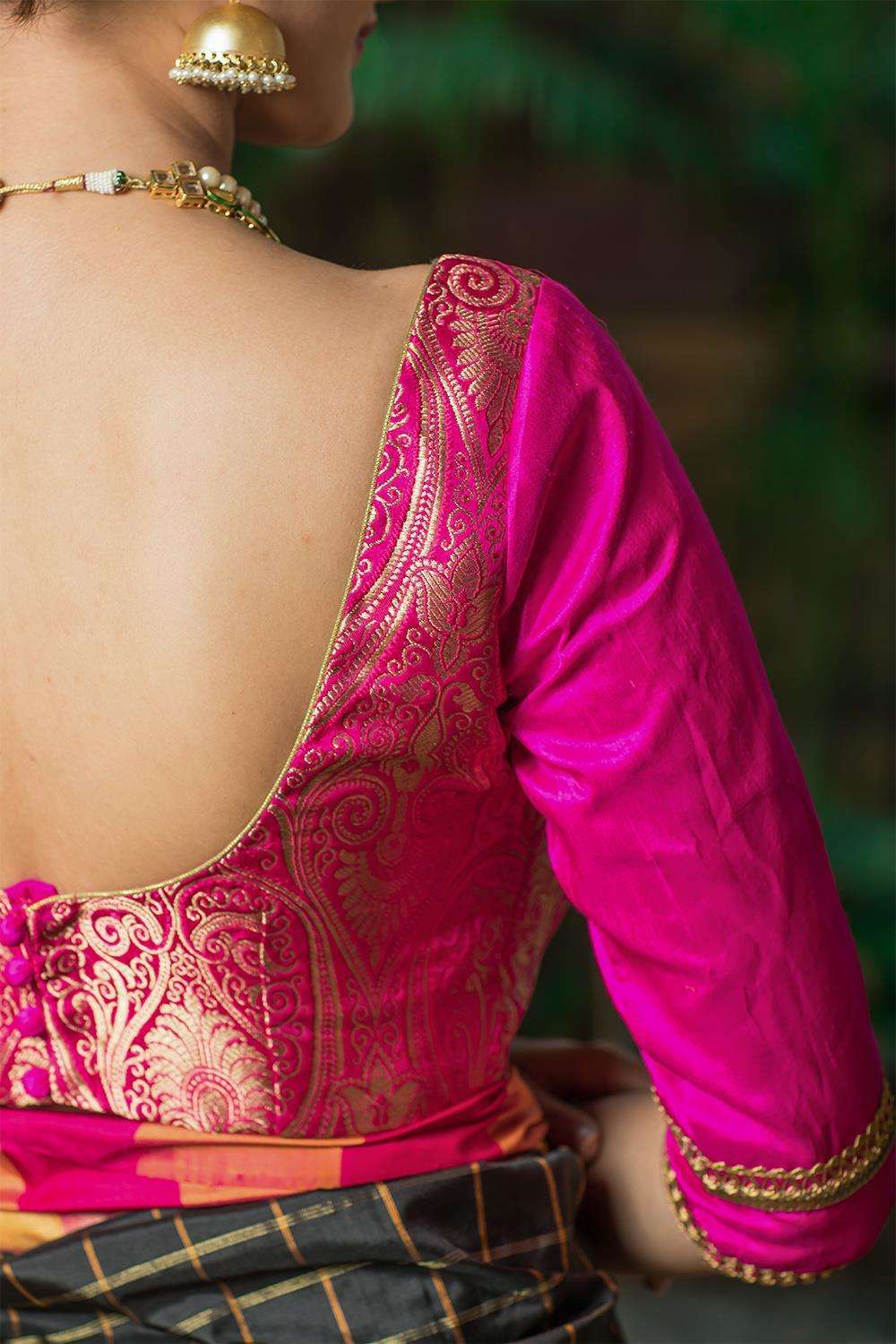 Rani pink brocade blouse with pink raw silk sleeves - House of Blouse