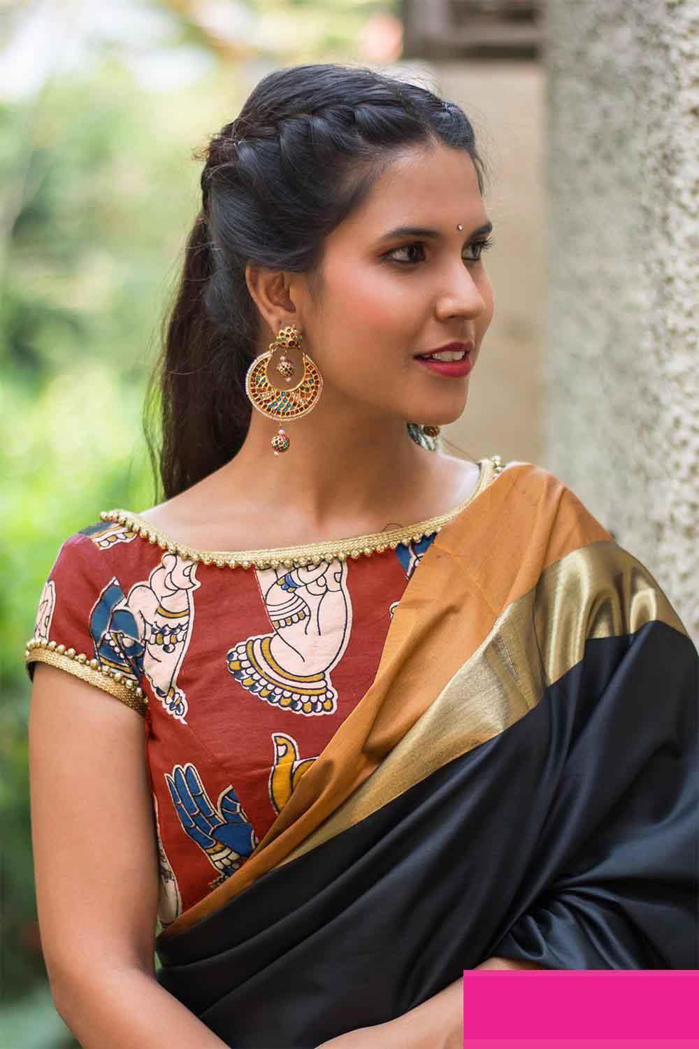 Brick red Kalamkari cotton sheer back blouse