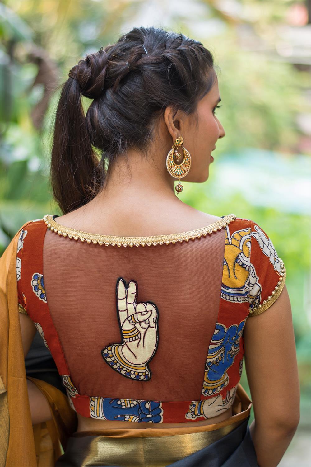 Brick red Kalamkari cotton sheer back blouse