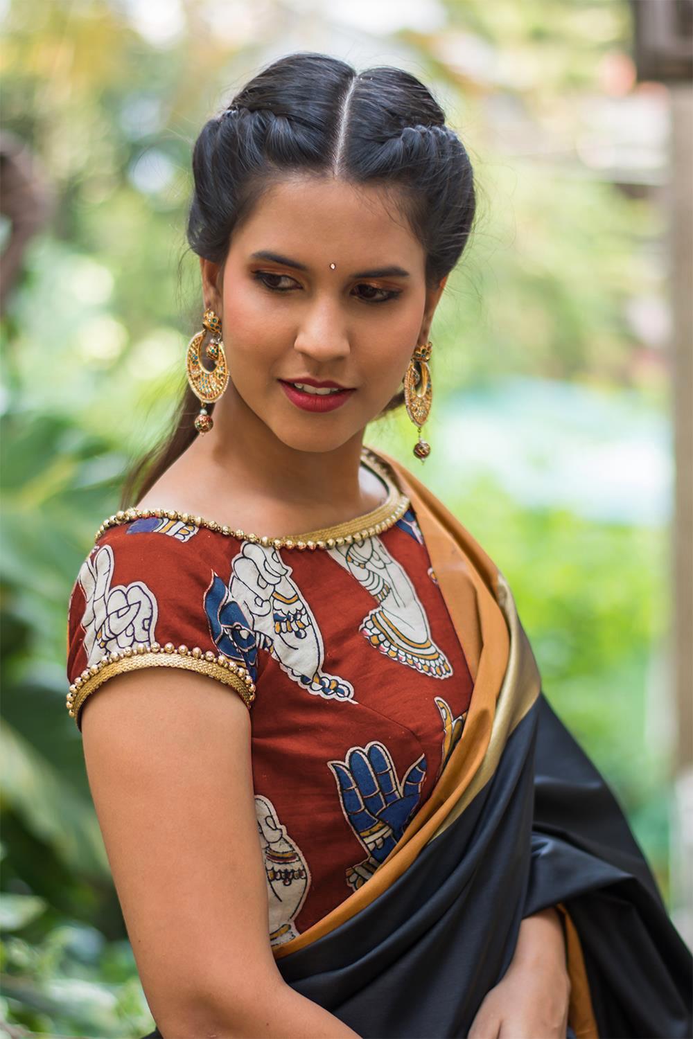 Brick red Kalamkari cotton sheer back blouse