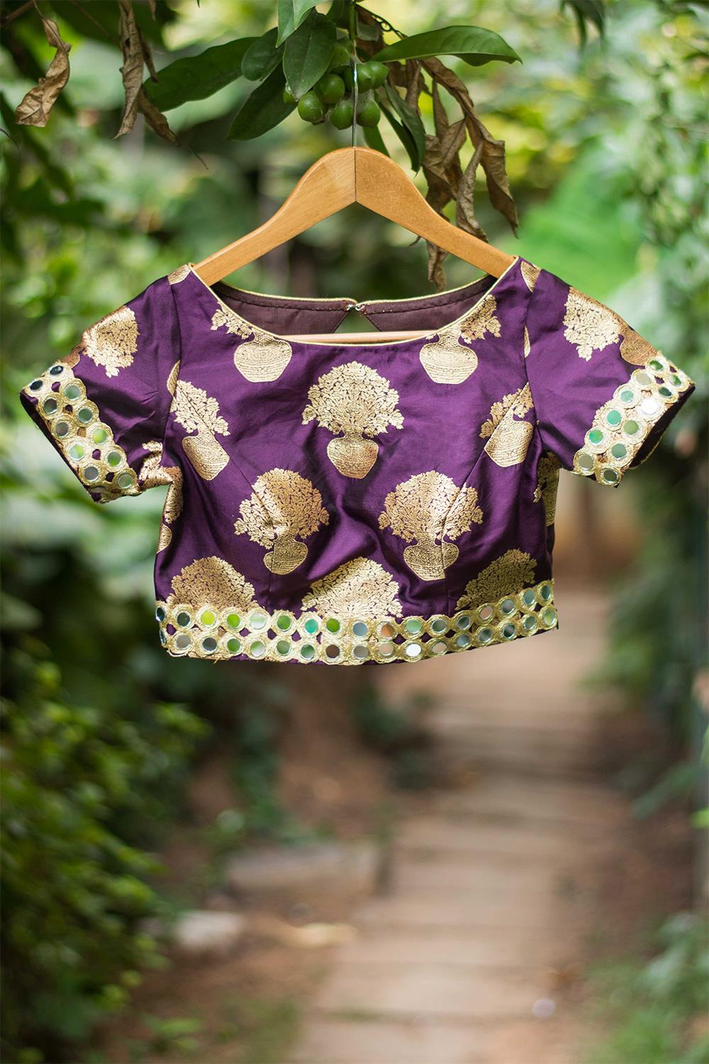 Purple brocade blouse with mirror work border - House of Blouse