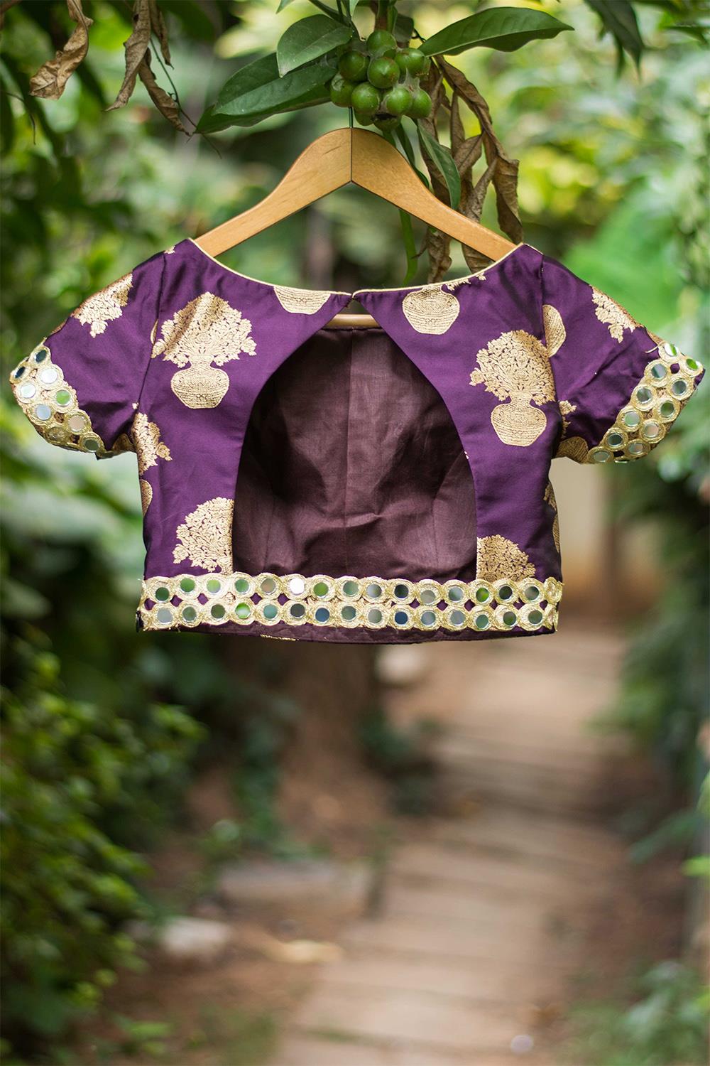 Purple brocade blouse with mirror work border - House of Blouse