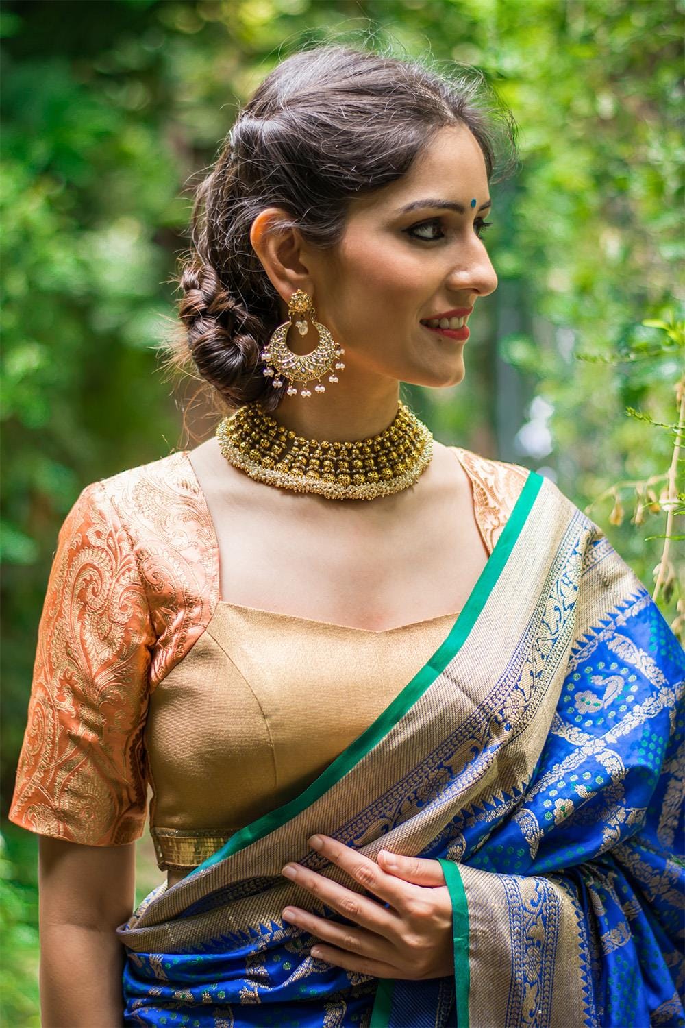 Peach and gold tissue brocade armband blouse