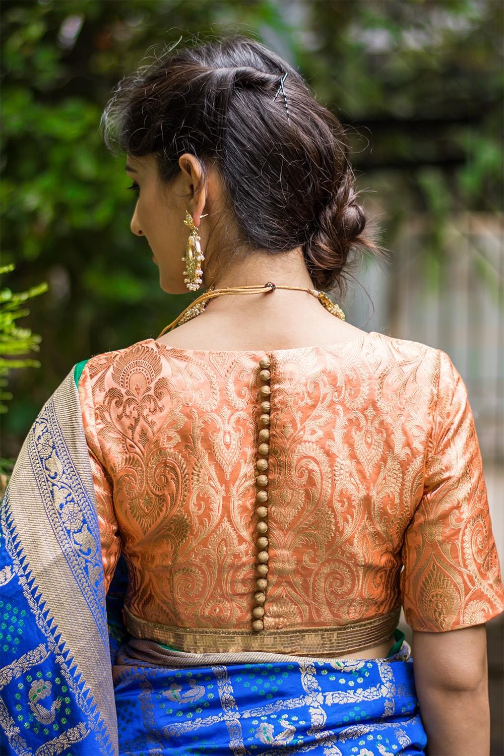 Peach and gold tissue brocade armband blouse