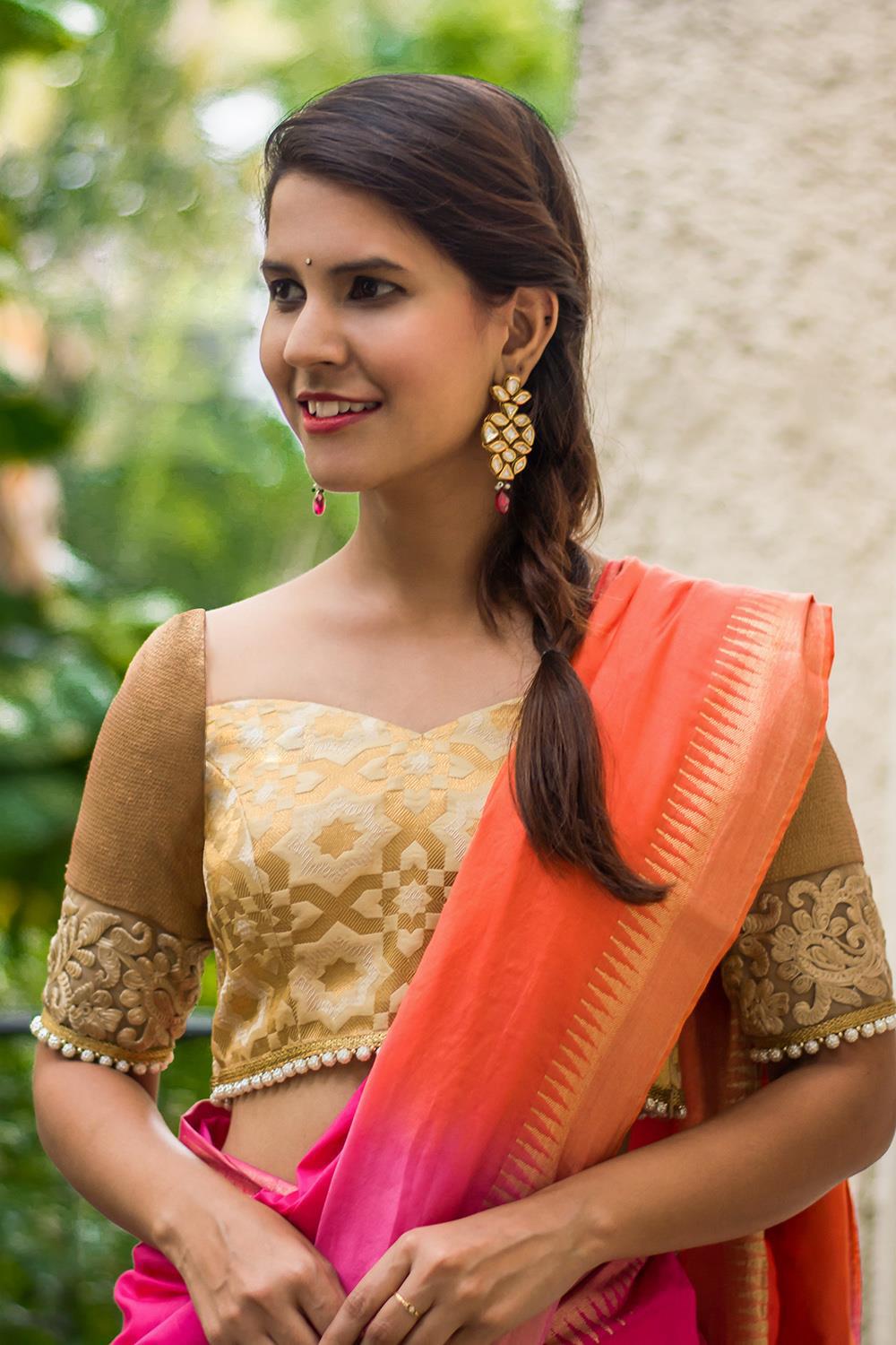Gold and copper brocade sweetheart neck blouse with back detailing