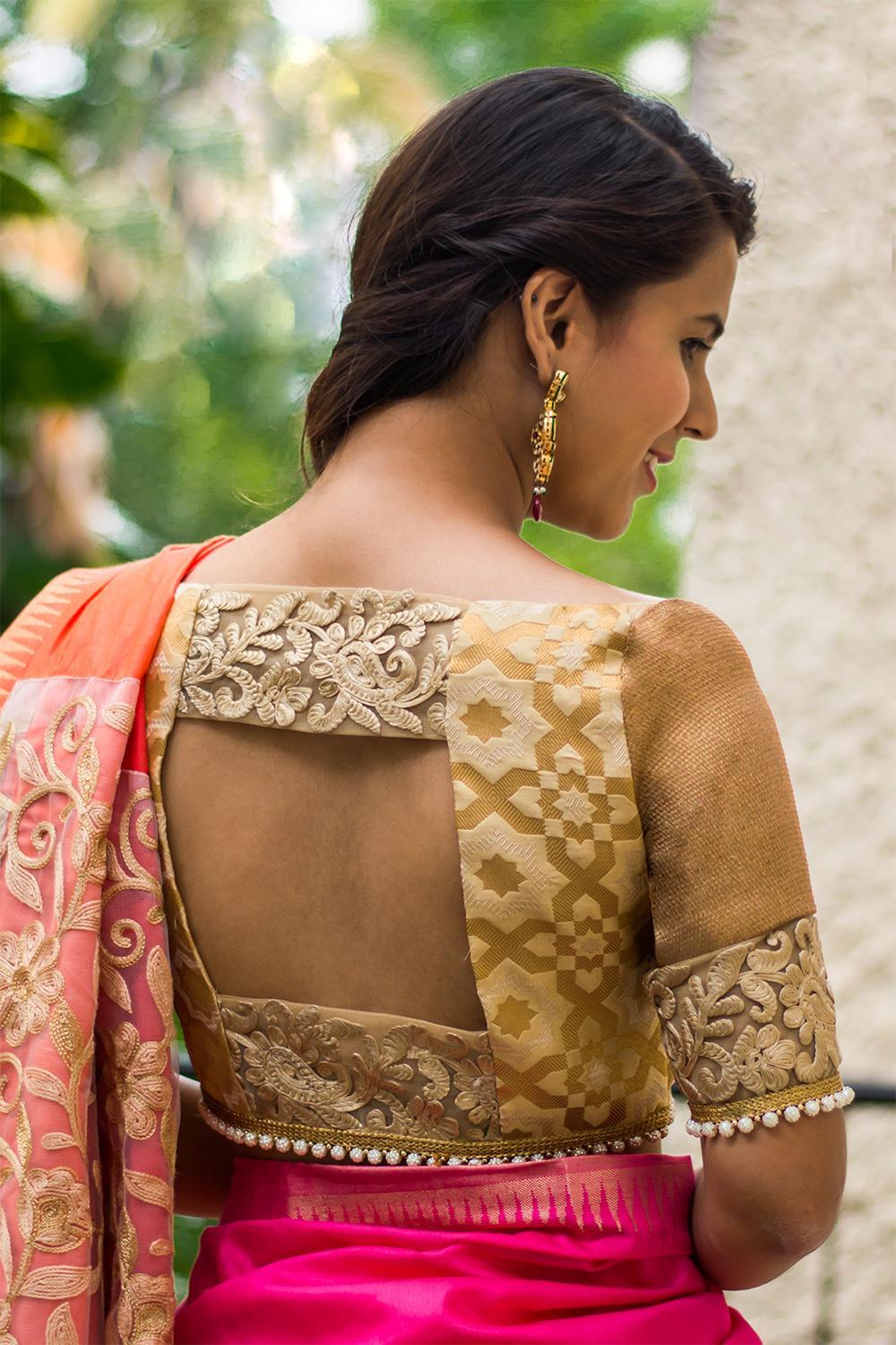 Gold and copper brocade sweetheart neck blouse with back detailing