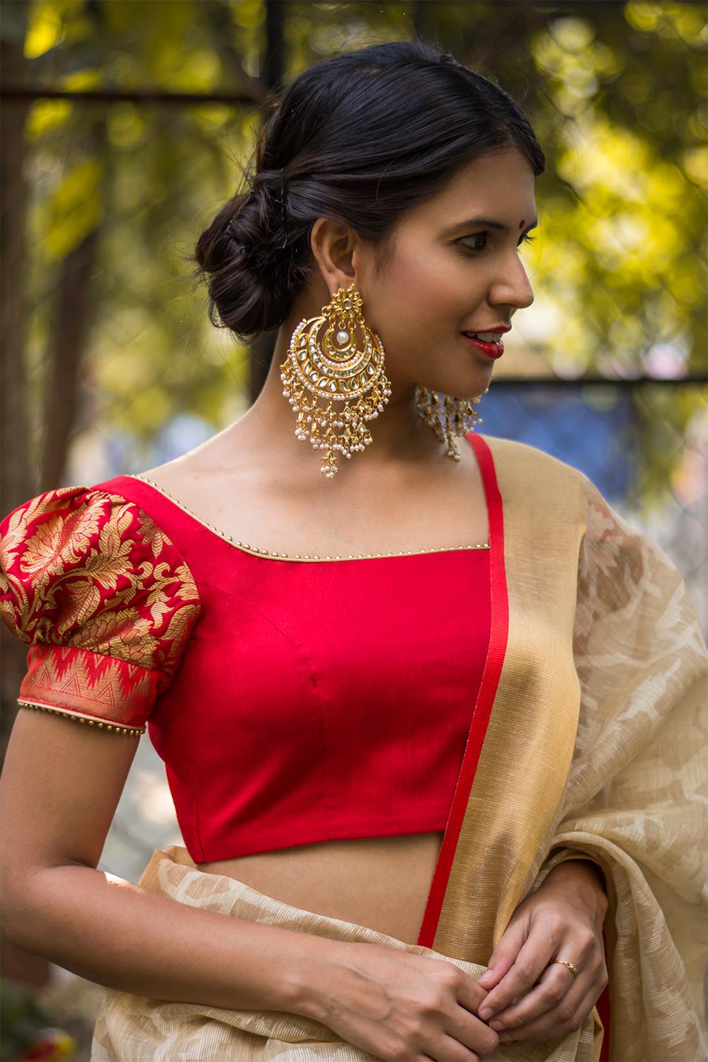 Red silk and brocade puff sleeve blouse with border detailing