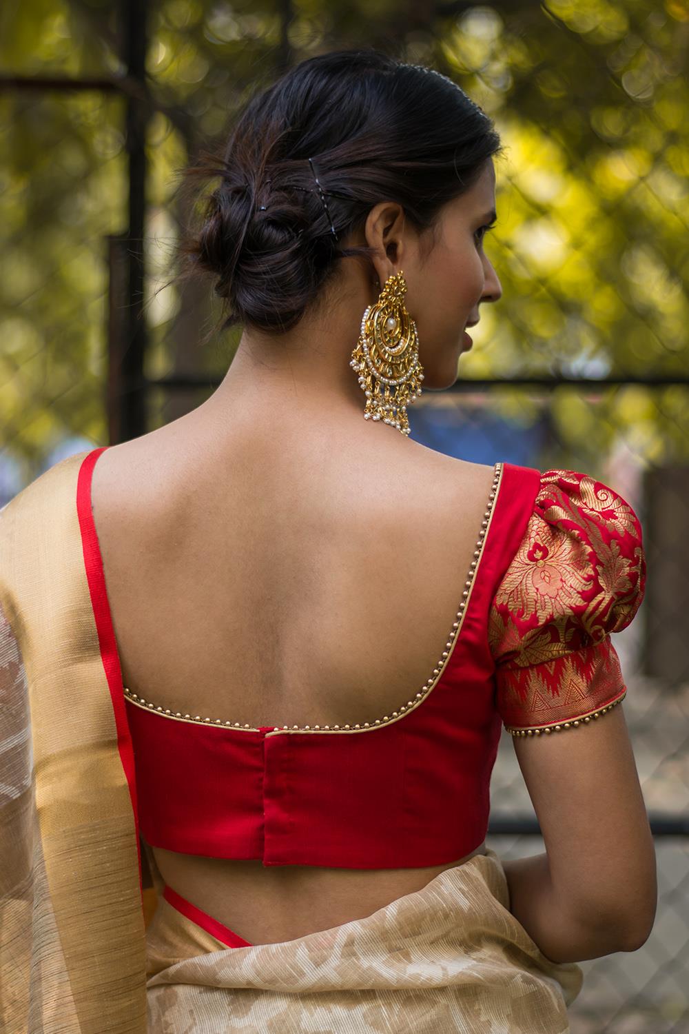 Red silk and brocade puff sleeve blouse with border detailing