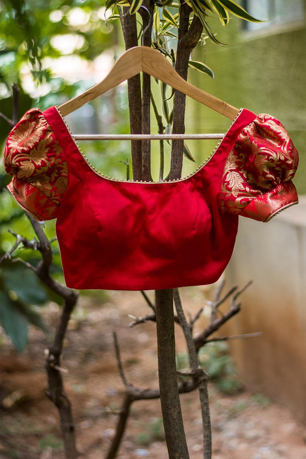 Red silk and brocade puff sleeve blouse with border detailing