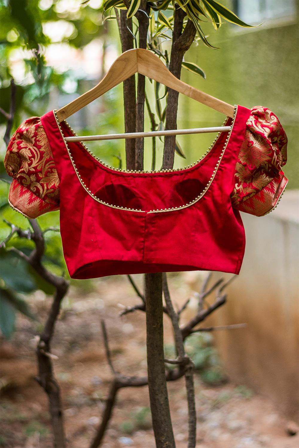 Red silk and brocade puff sleeve blouse with border detailing