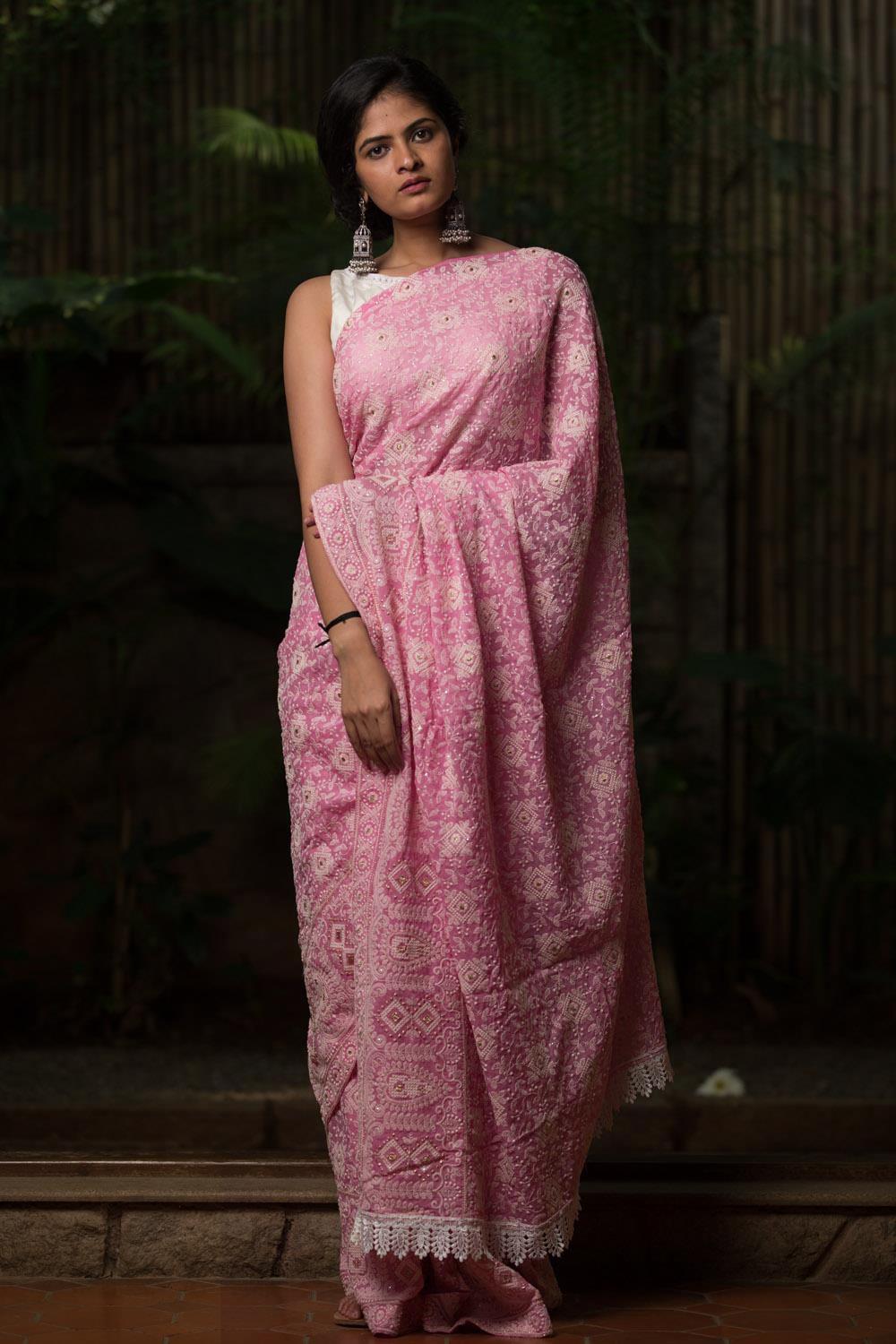 Pink chikankari inspired georgette saree