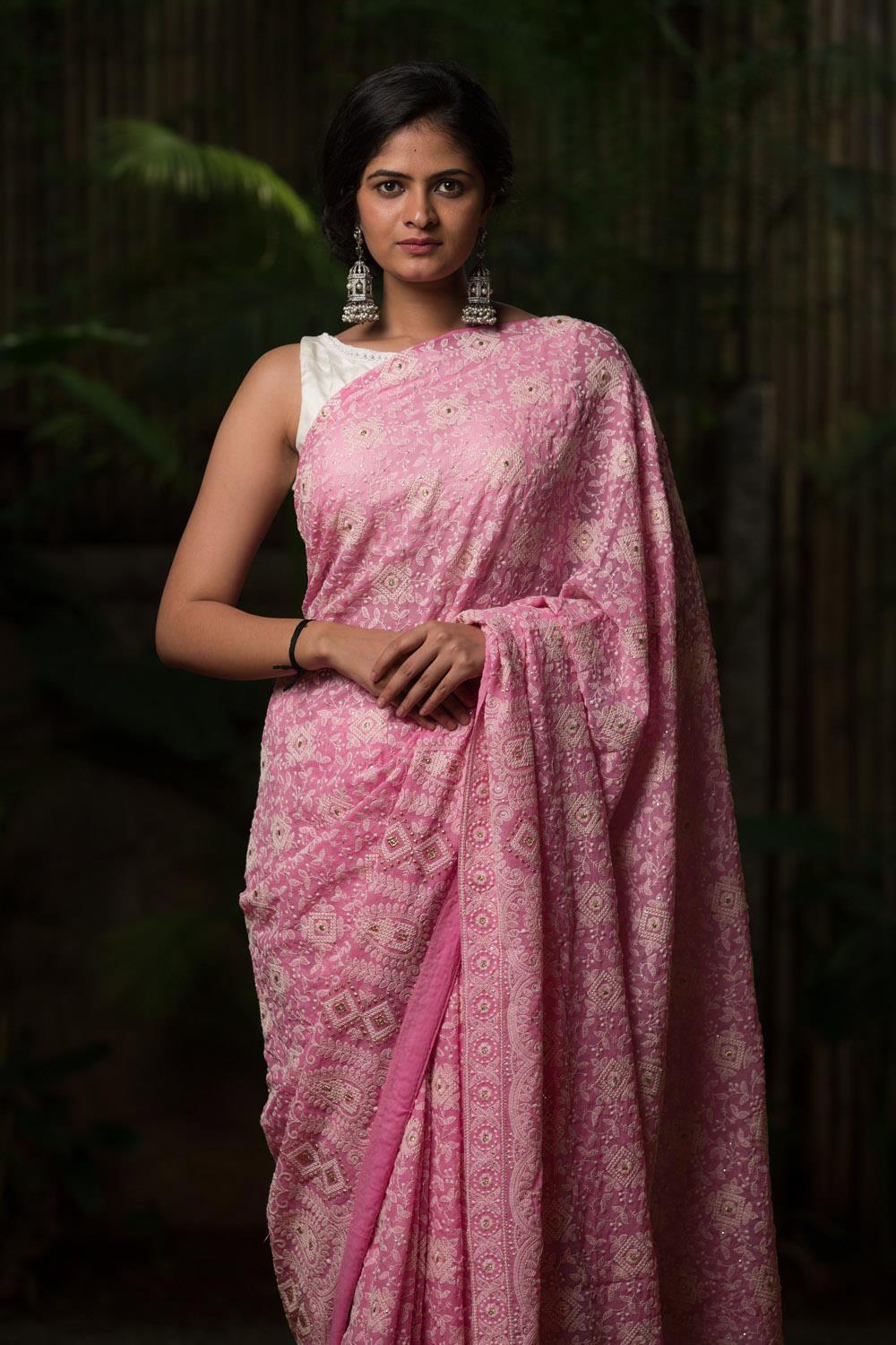 Organza Lucknowi Chikankari Saree