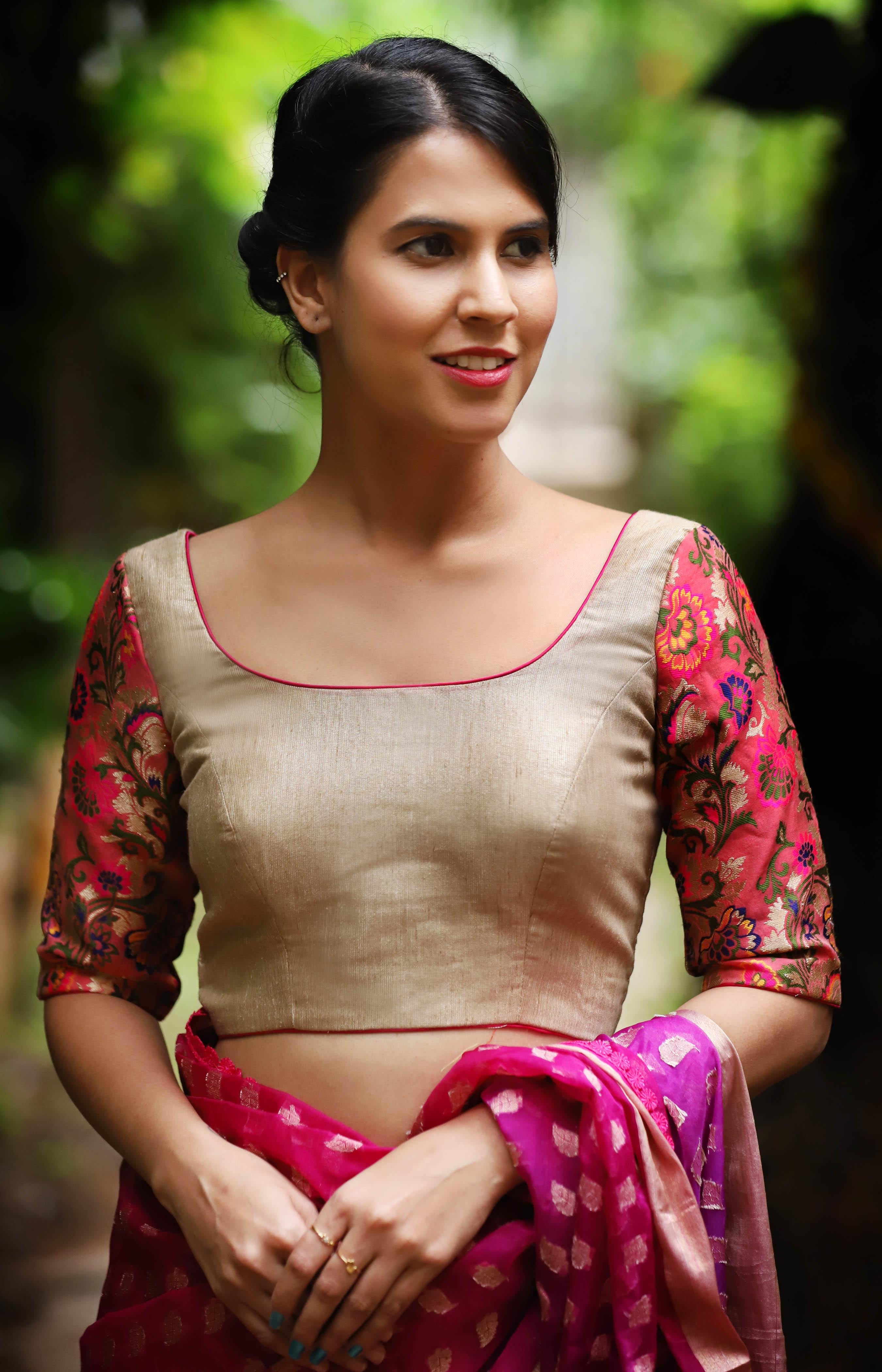 Dull gold brocade and pink multicolor floral brocade sleeves