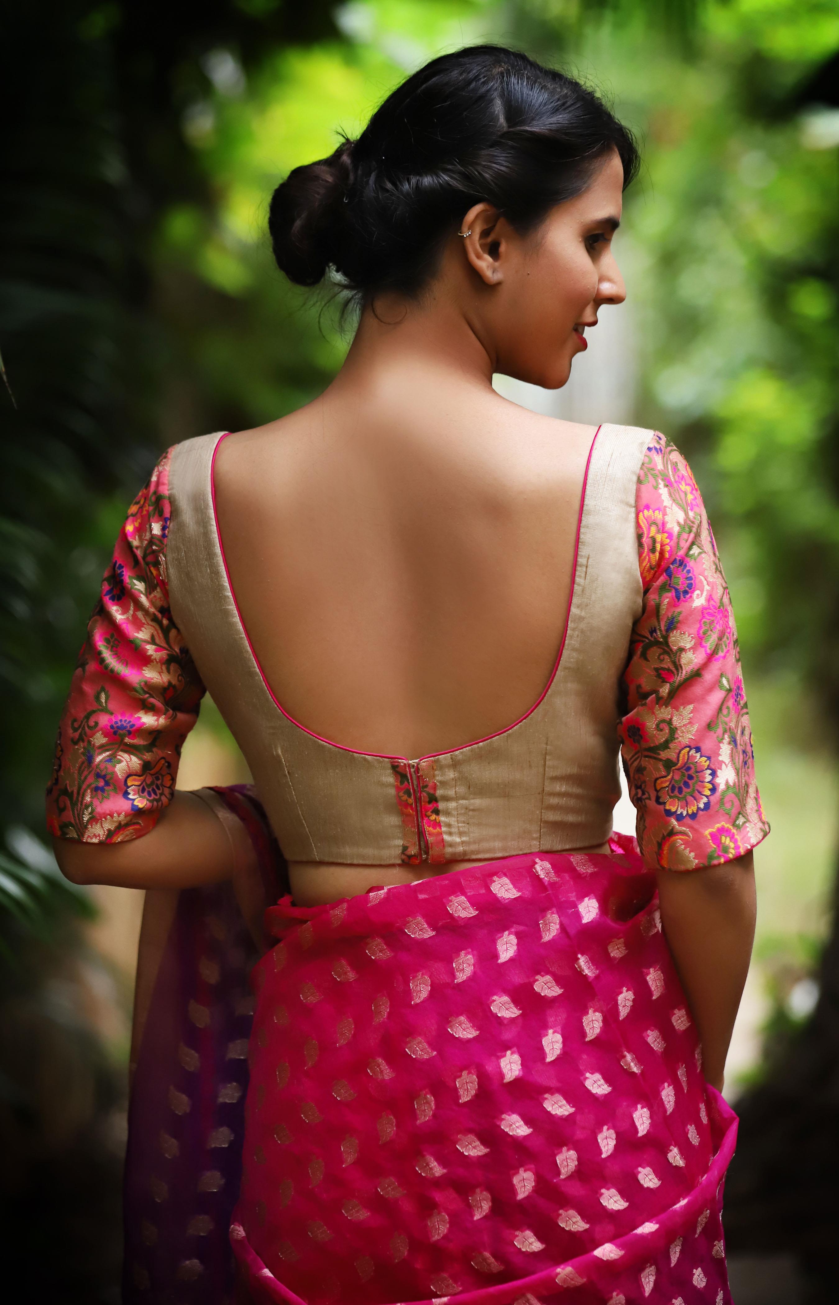 Dull gold brocade and pink multicolor floral brocade sleeves