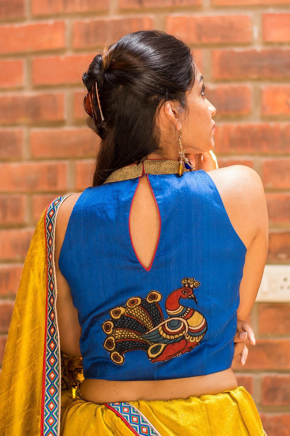 Blue raw silk high neck blouse with kalamkari applique