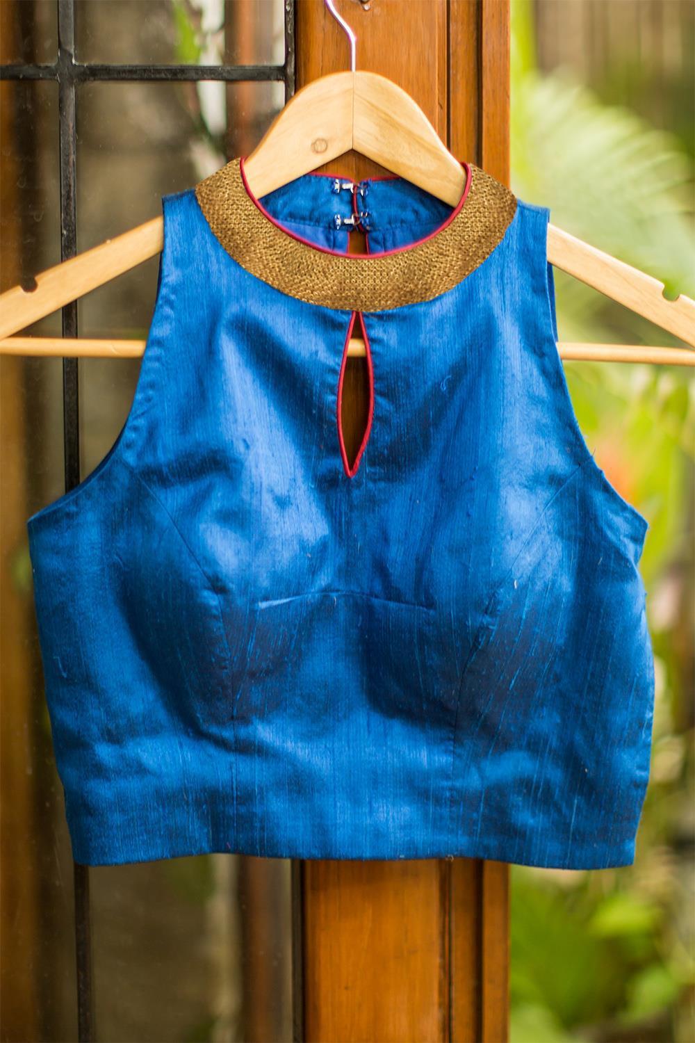 Blue raw silk high neck blouse with kalamkari applique