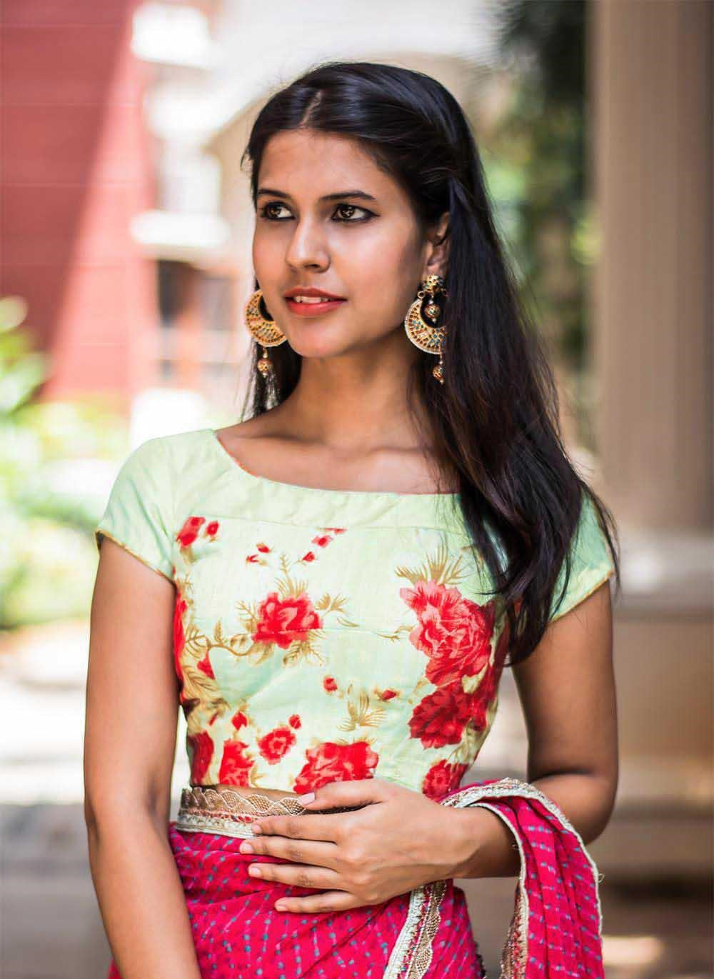 Pista green floral rawsilk blouse - House of Blouse