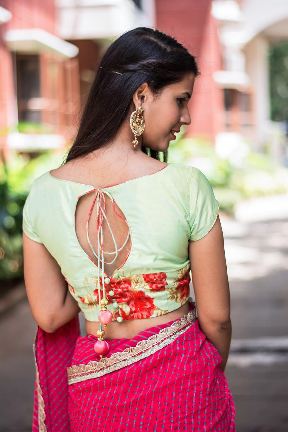 Pista green floral rawsilk blouse - House of Blouse