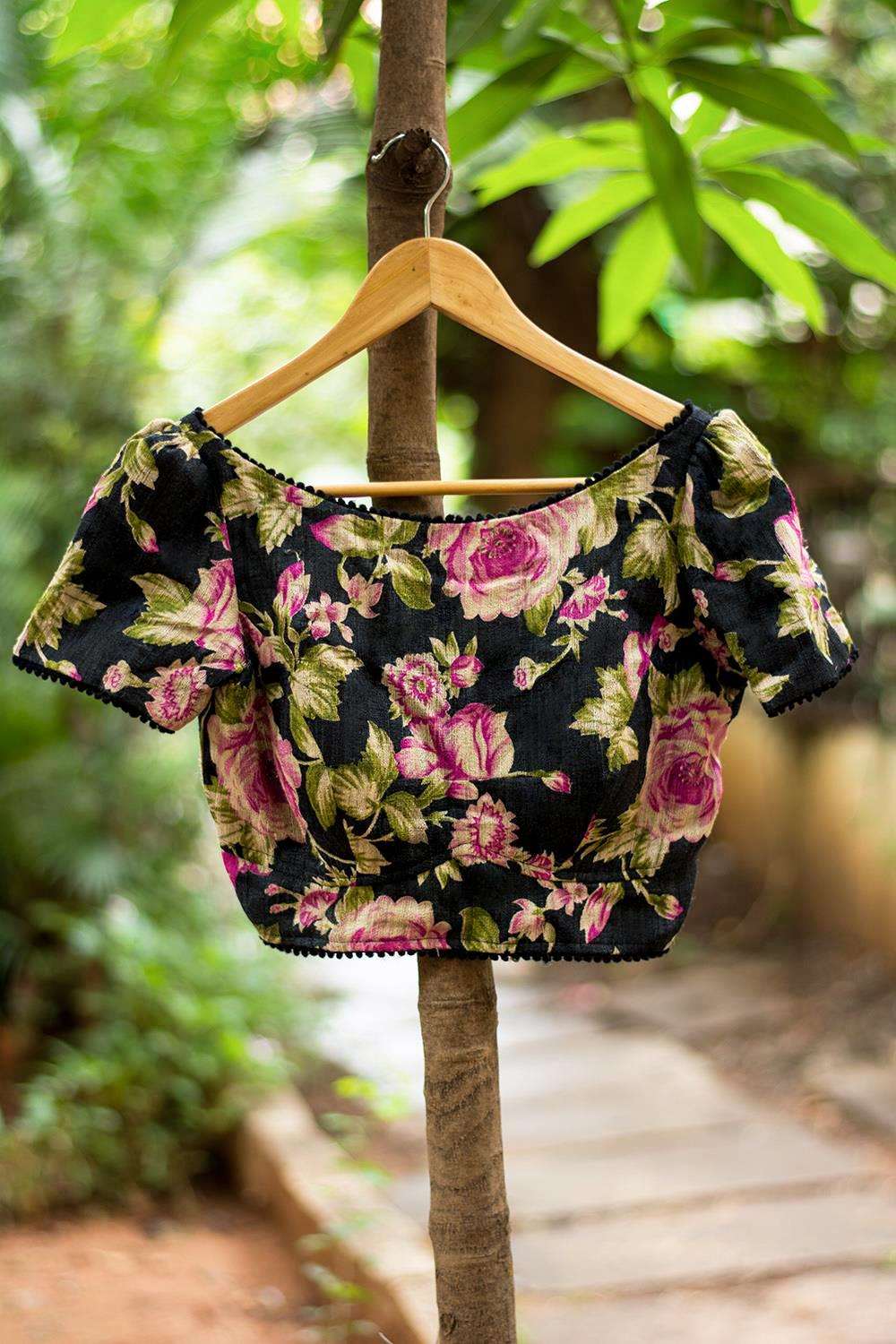 Black floral boatneck handspun & pure muslin blouse with puff sleeves - House of Blouse