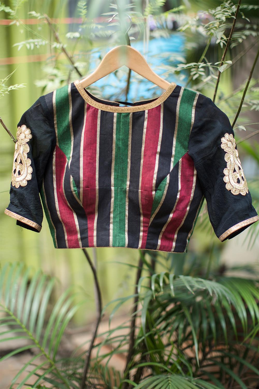 Black Zari cotton blouse with applique on sheer sleeve