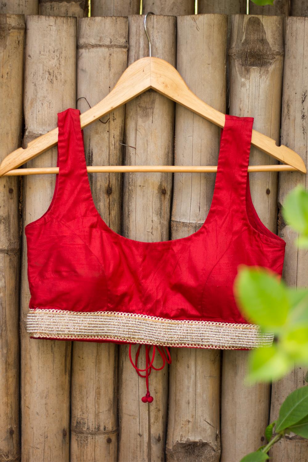 Red pure silk sleeveless blouse with pearl border