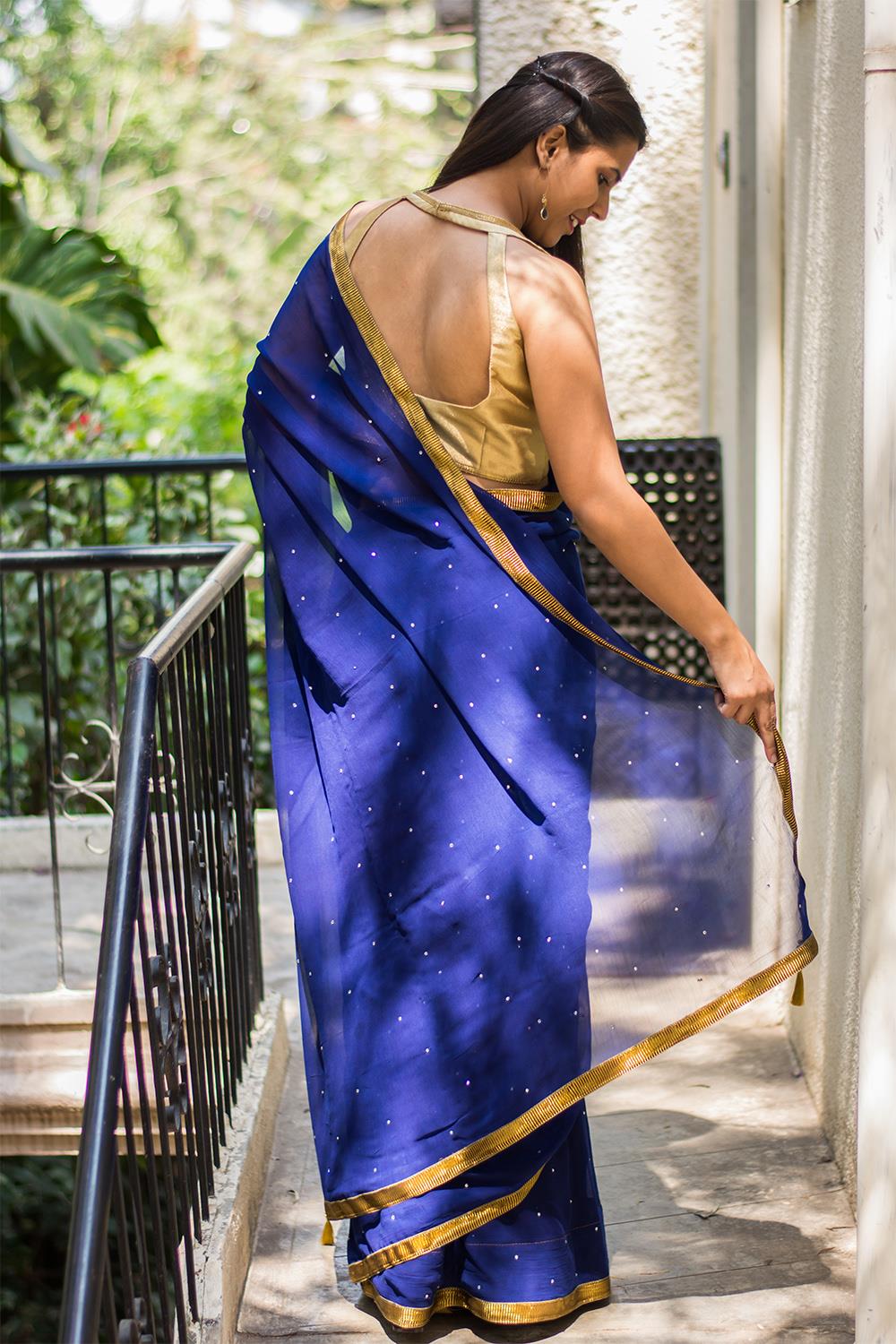 Royal blue georgette saree with stone work