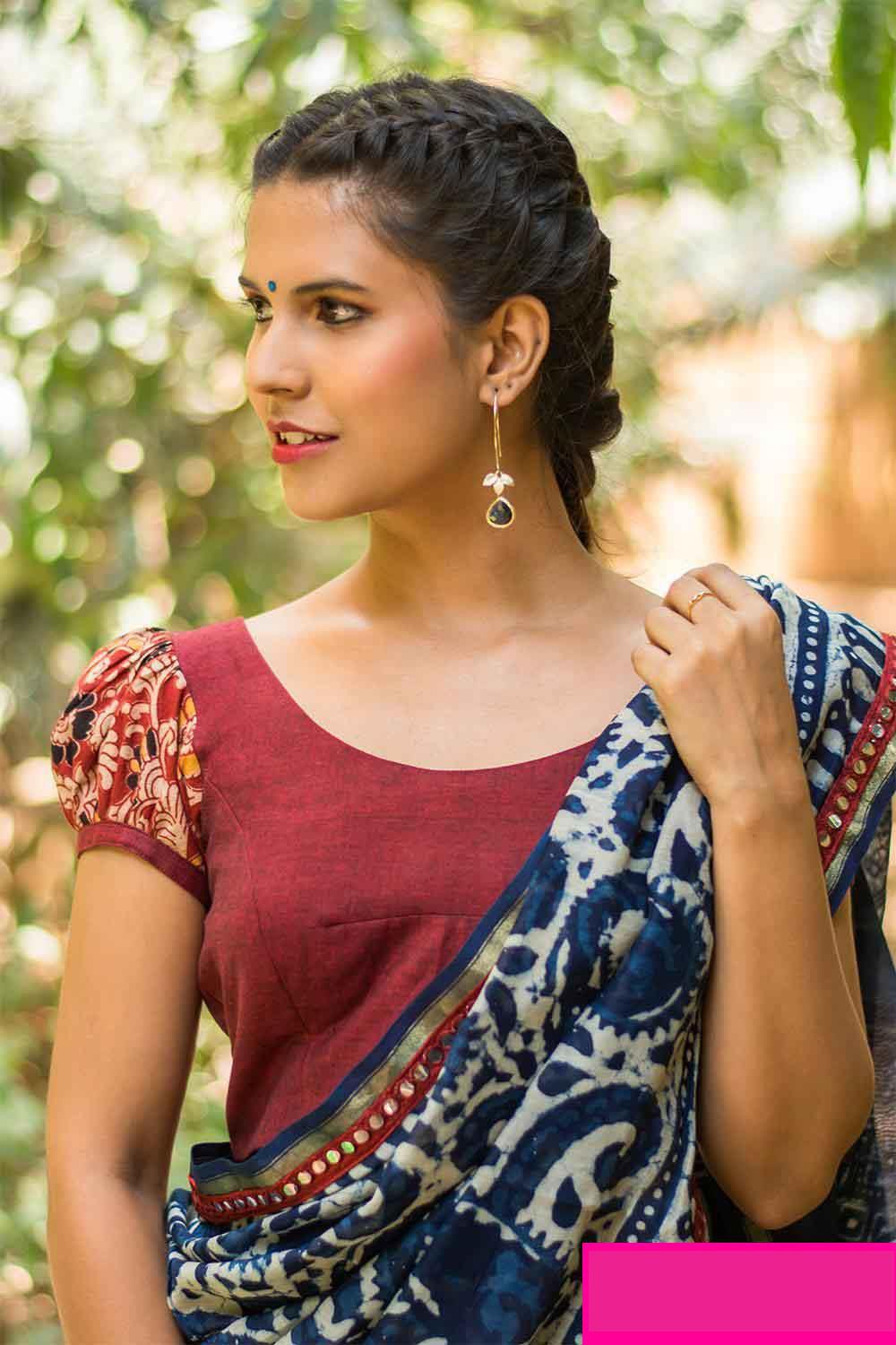 Maroon Handloom blouse with Kalamkari puff sleeves