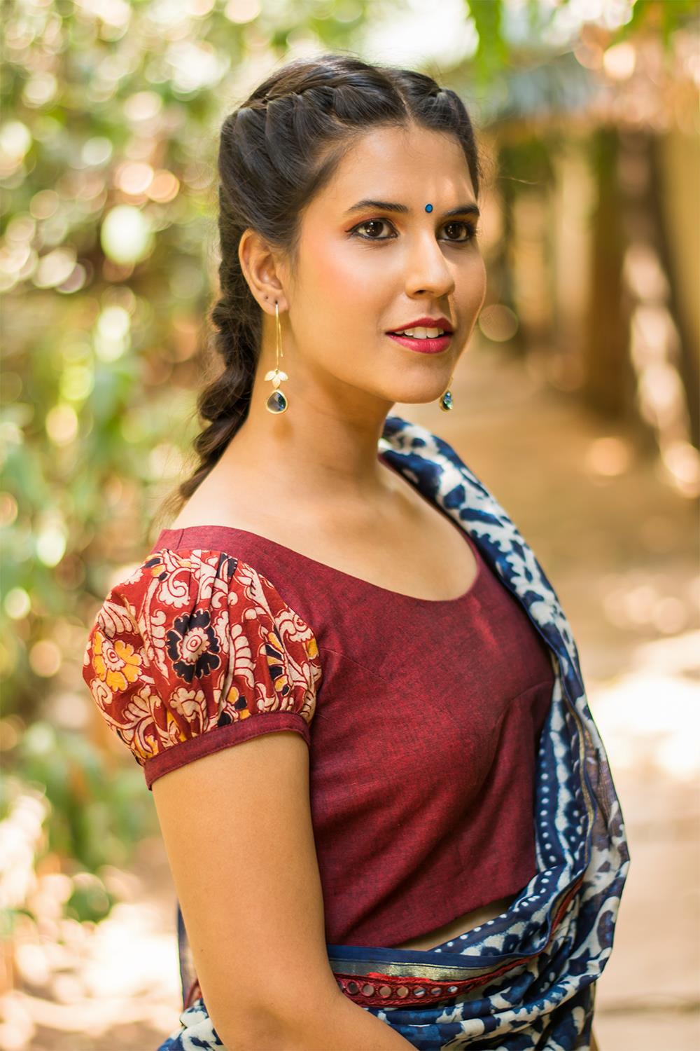 Maroon Handloom blouse with Kalamkari puff sleeves