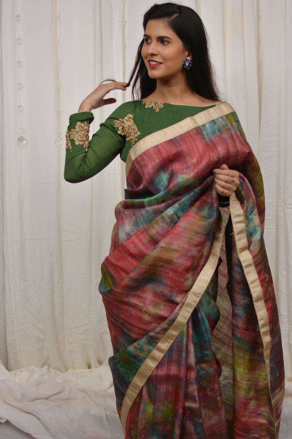 Red, blue and green shibori shaded jute silk saree with gold shimmer border - House of Blouse