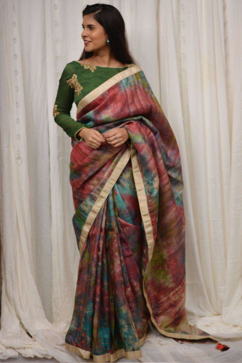 Red, blue and green shibori shaded jute silk saree with gold shimmer border - House of Blouse